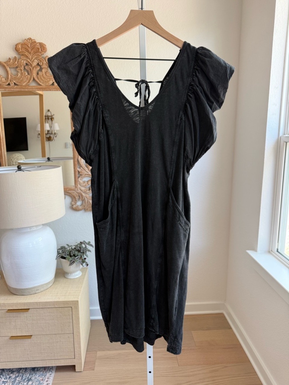 Daily Practice by Anthropologie Malibu Creek Black Ruffled Sleeve Shift Dress - Picture 4 of 6